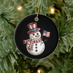 Christmas Snowman USA Flag Patriotic Xmas Snow Ceramic Tree Decoration