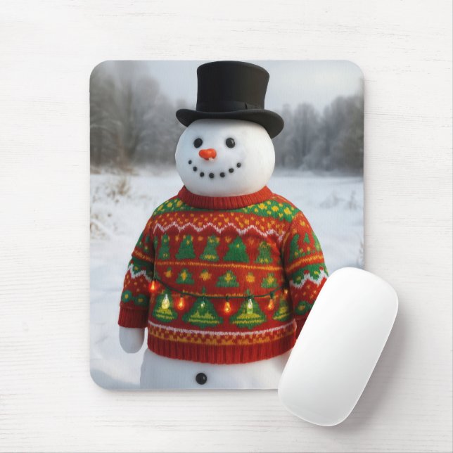 Christmas Snowman Wearing an Ugly Sweater Mouse Mat (With Mouse)