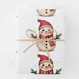 Christmas Snowman Wearing Santa Hat Flower Xmas Wrapping Paper Sheet