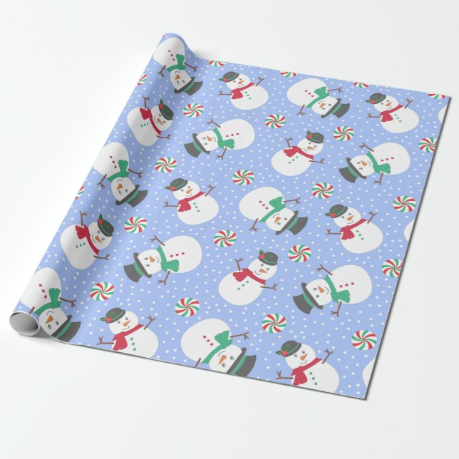 Christmas Snowman Winter Blue Wrapping Paper (Unrolled)