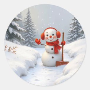 Christmas Snowman with a Red Shovel Classic Round Sticker