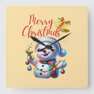 Christmas Snowman with Bells Festive Holiday Art Square Wall Clock