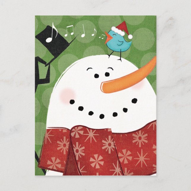 Christmas Snowman with Bird Holiday Postcard (Front)