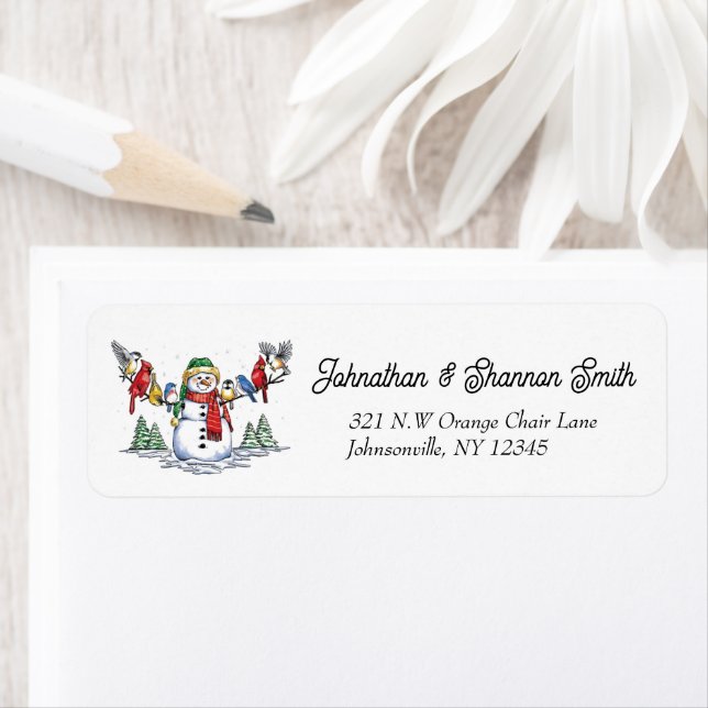 Christmas Snowman With Birds On Arms  Label (Insitu)