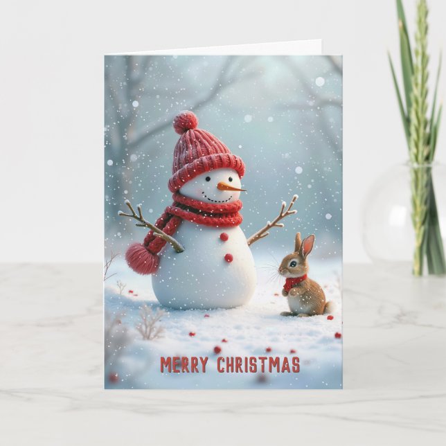 Christmas Snowman With Bunny Holiday Card (Front)