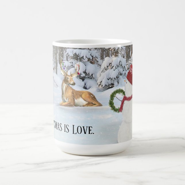 Christmas snowman with deer in winter woods coffee mug (Center)