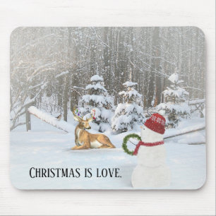 Christmas snowman with deer in winter woods mouse mat