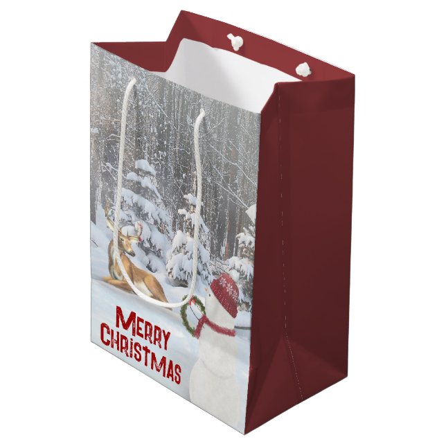 Christmas Snowman with Deer  Medium Gift Bag (Front Angled)