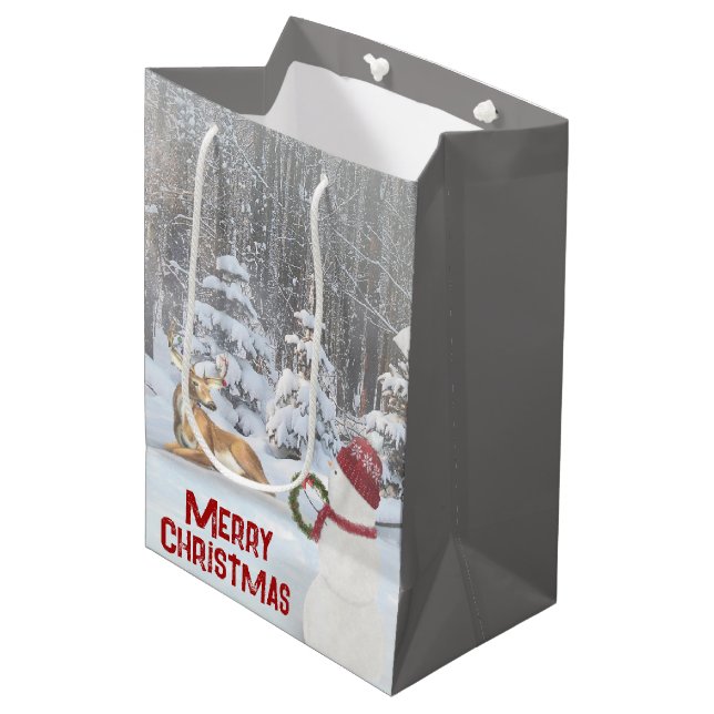 Christmas Snowman with Deer Medium Gift Bag (Front Angled)