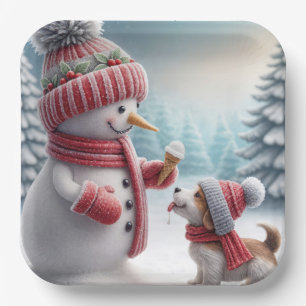 Christmas Snowman With Dog Paper Plate