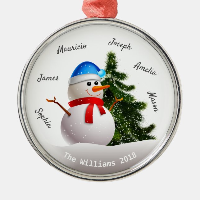 Christmas Snowman With Family Names Metal Tree Decoration (Front)