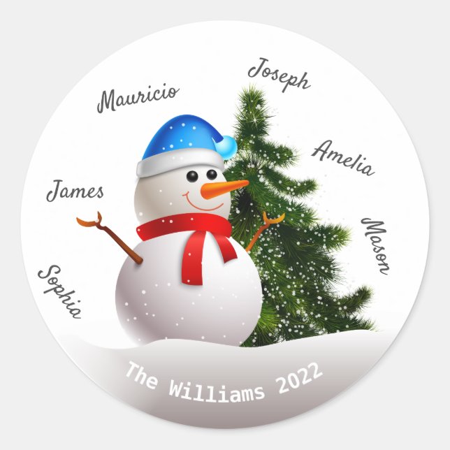 Christmas Snowman With Family Names Round Sticker (Front)