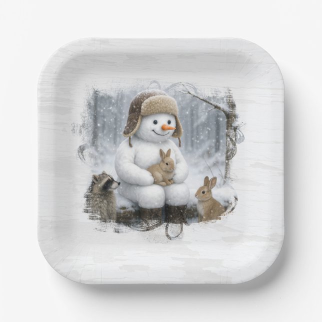 Christmas Snowman With Friends In Winter Woods Paper Plate (Front)