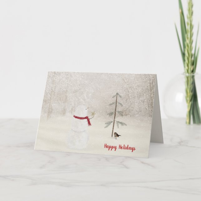 Christmas snowman with gold star in snow thank you card (Front)
