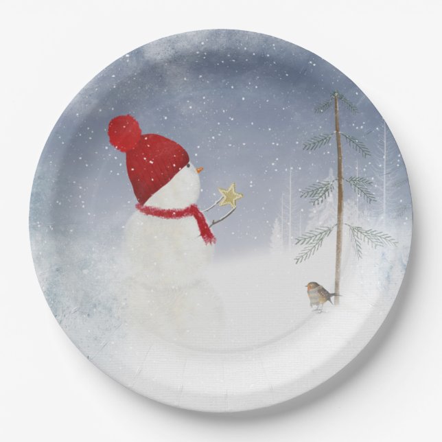 Christmas snowman with gold star paper plate (Front)