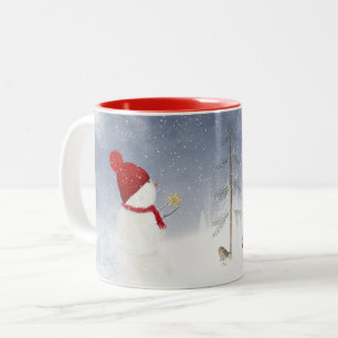 Christmas snowman with gold star Two-Tone coffee mug