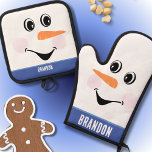 Christmas Snowman With Happy Face Smile Blue White Oven Mitt & Pot Holder Set<br><div class="desc">Blue Monogrammed Vintage Traditional Winter Christmas Snowman With Happy Face Smile Create your own Recipe keepsake with our simple recipe template oven mitts to coordinate with our matching kitchen towel. Type in your own recipe or keep my grandma's cookie recipe. Create your own Recipe kitchen keepsake. Our Personalised products are...</div>