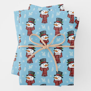 Christmas Snowman with Knitted Scarf Blue Wrapping Paper Sheet