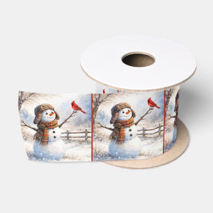 Christmas Snowman With Red Cardinal Bird Satin Ribbon