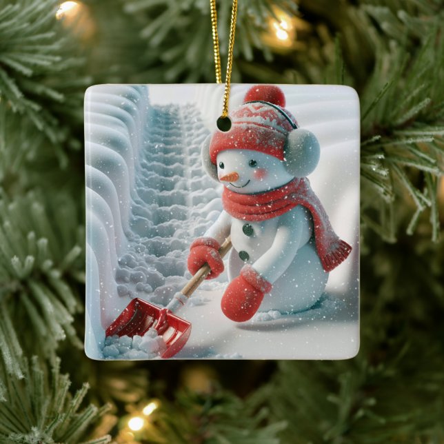 Christmas Snowman With Red Shovel Ceramic Ornament (Tree)