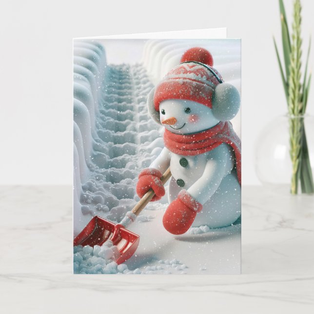 Christmas Snowman With Red Shovel Holiday Card (Front)