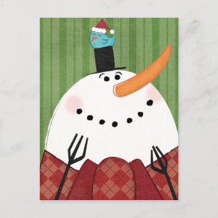 Christmas Snowman with Singing Bird Holiday Postcard