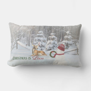 Christmas snowman with wreath for deer in snow lumbar cushion