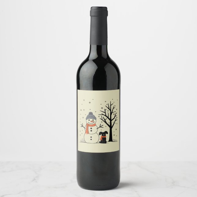 Christmas Snowman Xmas Dog Winter Wine Label (Front)