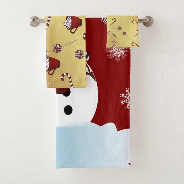 Christmas Snowmann hot chocolate and candy cane Bath Towel Set (Insitu)