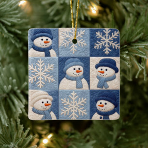 Christmas Snowmen and Snowflakes Quilt Pattern Ceramic Ornament