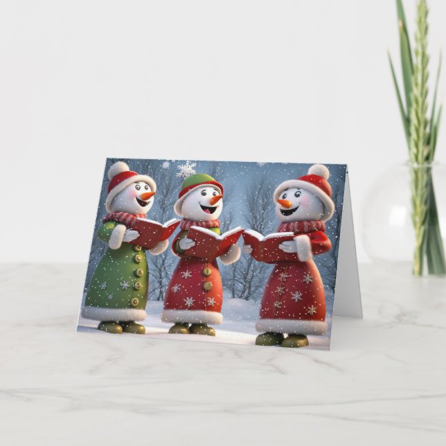 Christmas Snowmen Carolers In Snowflakes Holiday Card (Front)