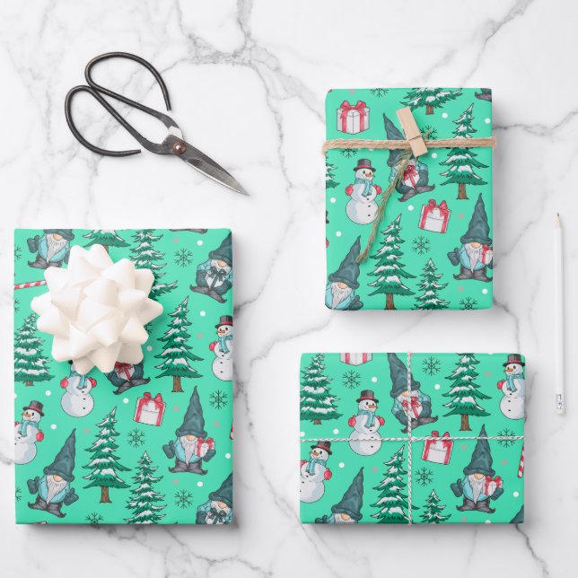 Christmas Snowmen Gnomes Candy Canes Gifts Wrapping Paper Sheet (Front)