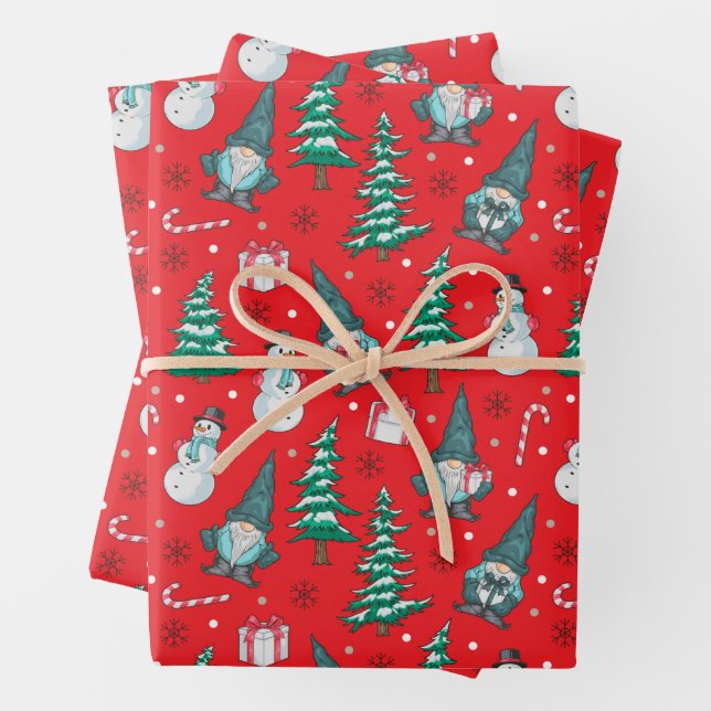 Christmas Snowmen Gnomes Candy Canes Gifts Wrapping Paper Sheet (In situ)