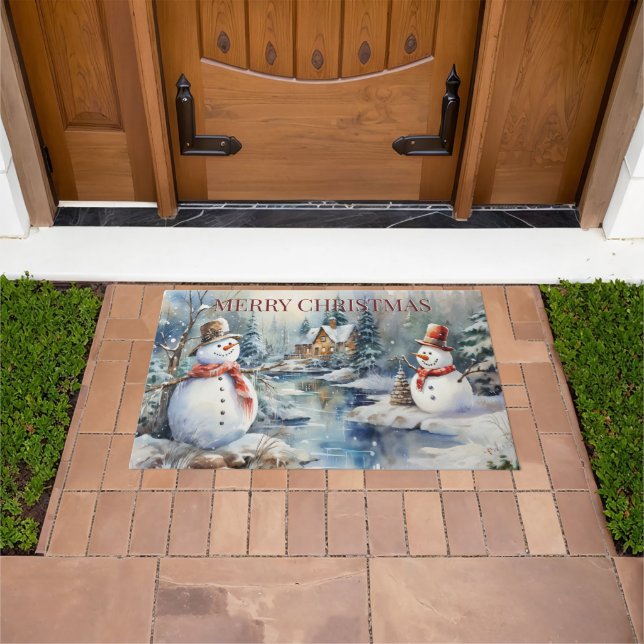 Christmas Snowmen Log Cabin Woods River Doormat (Outdoor)