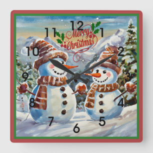 Christmas Snowmen, Merry Christmas, Square Wall Clock