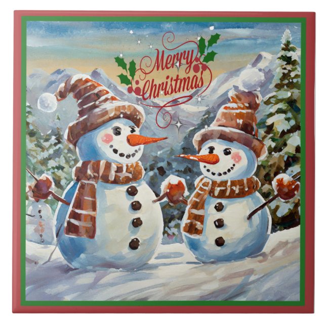 Christmas Snowmen, Merry Christmas, Tile (Front)
