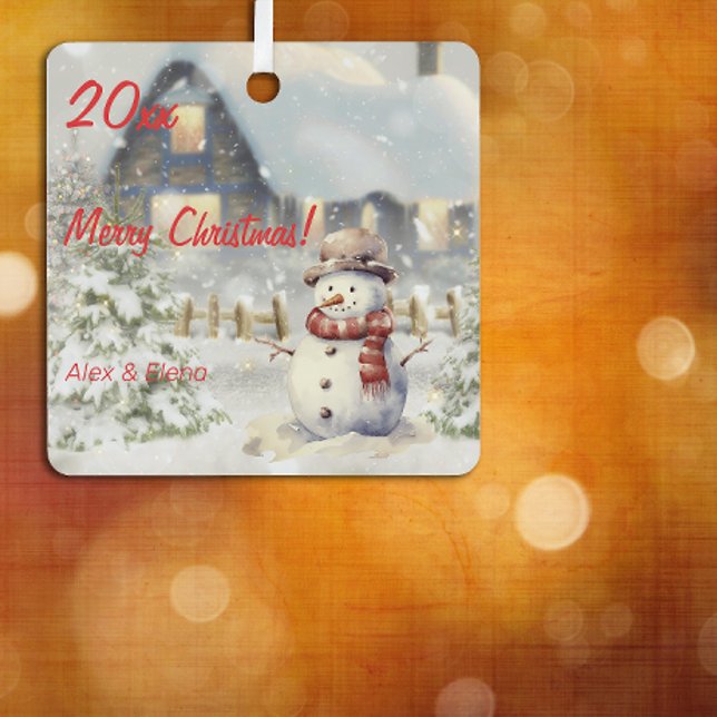  Christmas snowmen photo retro Square Ornament (Creator Uploaded)