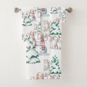 Christmas Snowmen Rabbits Trees Illustration Bath Towel Set