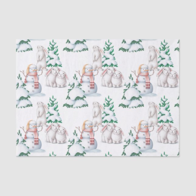Christmas Snowmen Rabbits Trees Illustration Tissue Paper (Front)