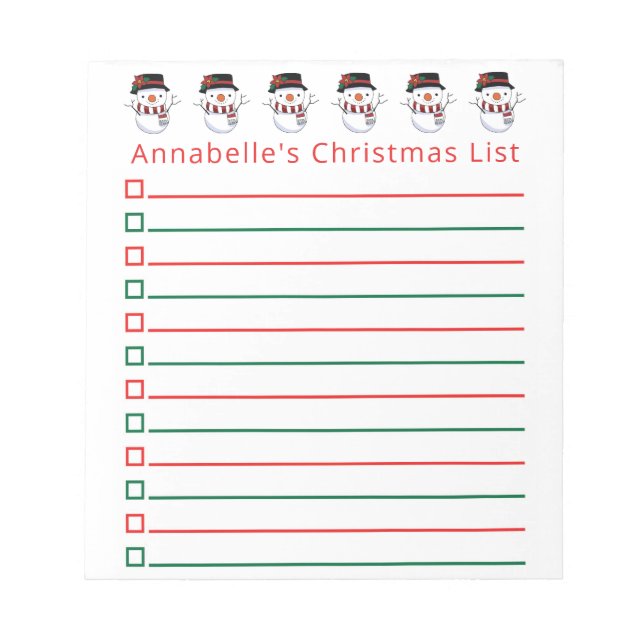 Christmas Snowmen Shopping List Personalise Notepad (Front)