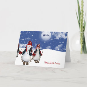 Christmas snowmen skiing holiday card