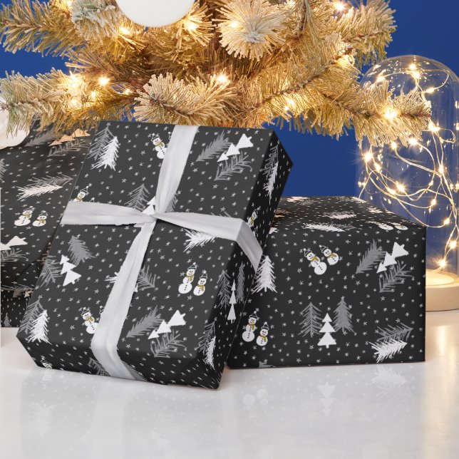 Christmas - Snowmen & Trees - black Wrapping Paper (Holidays)