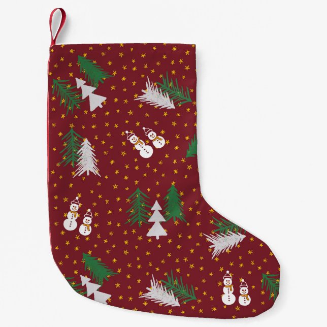 Christmas - Snowmen & Trees - dark red Small Christmas Stocking (Front)