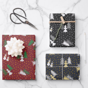 Christmas - Snowmen & Trees - red, blue & black Wrapping Paper Sheet