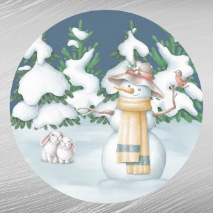 Christmas Snowwoman Rabbits Trees Snow Watercolor Classic Round Sticker