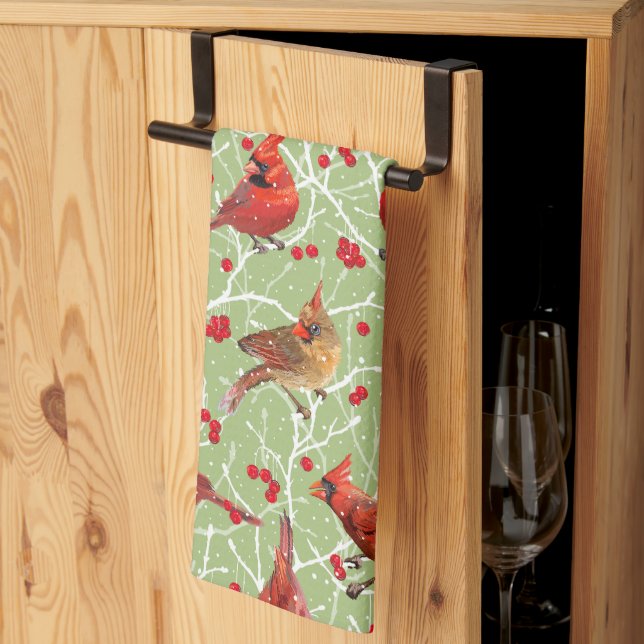 Christmas Snowy Cardinals | Celery | Tea Towel (Thirds Fold)