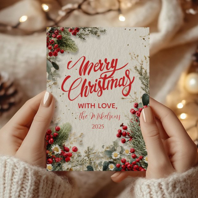 Christmas Snowy Greenery and Berries Holiday Card (Creator Uploaded)