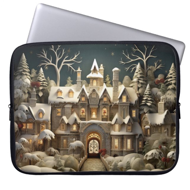 Christmas Snowy Manor Storybook Wonderland Laptop Sleeve (Front)