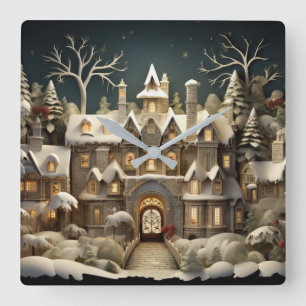 Christmas Snowy Manor Storybook Wonderland Square Wall Clock