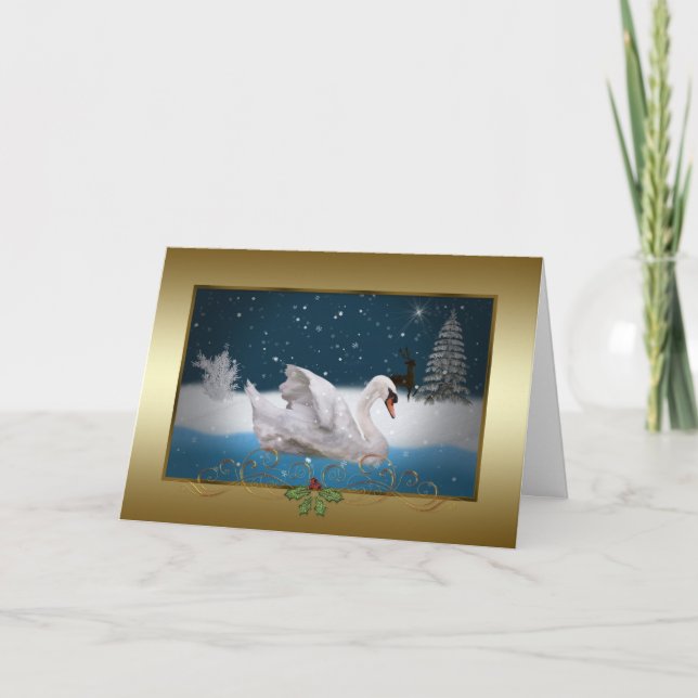 Christmas, Snowy Night with A Swan on a Lake Holiday Card (Front)